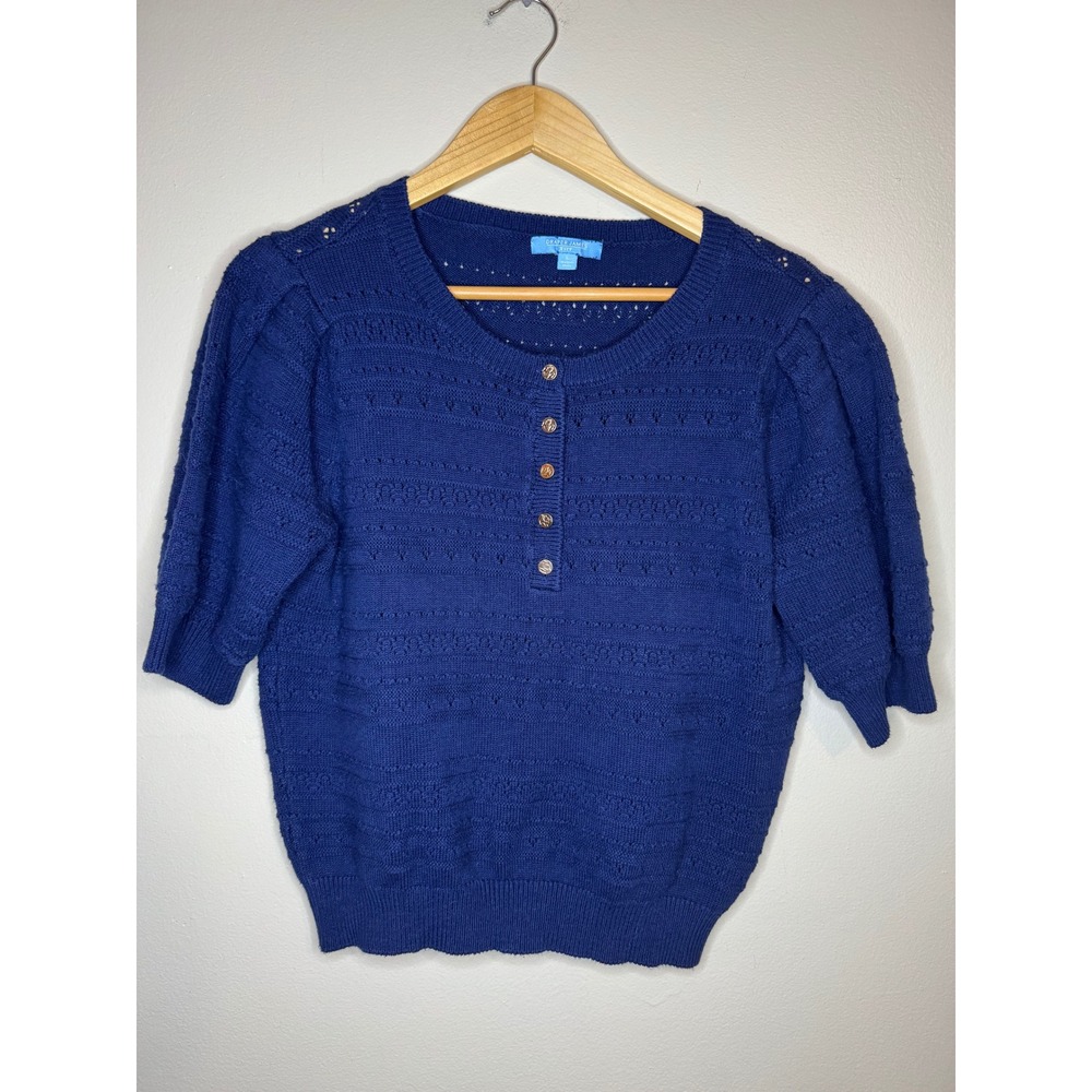 Draper James RSVP Blue Knit Sweater‎ Puff Sleeve Button Detail L
